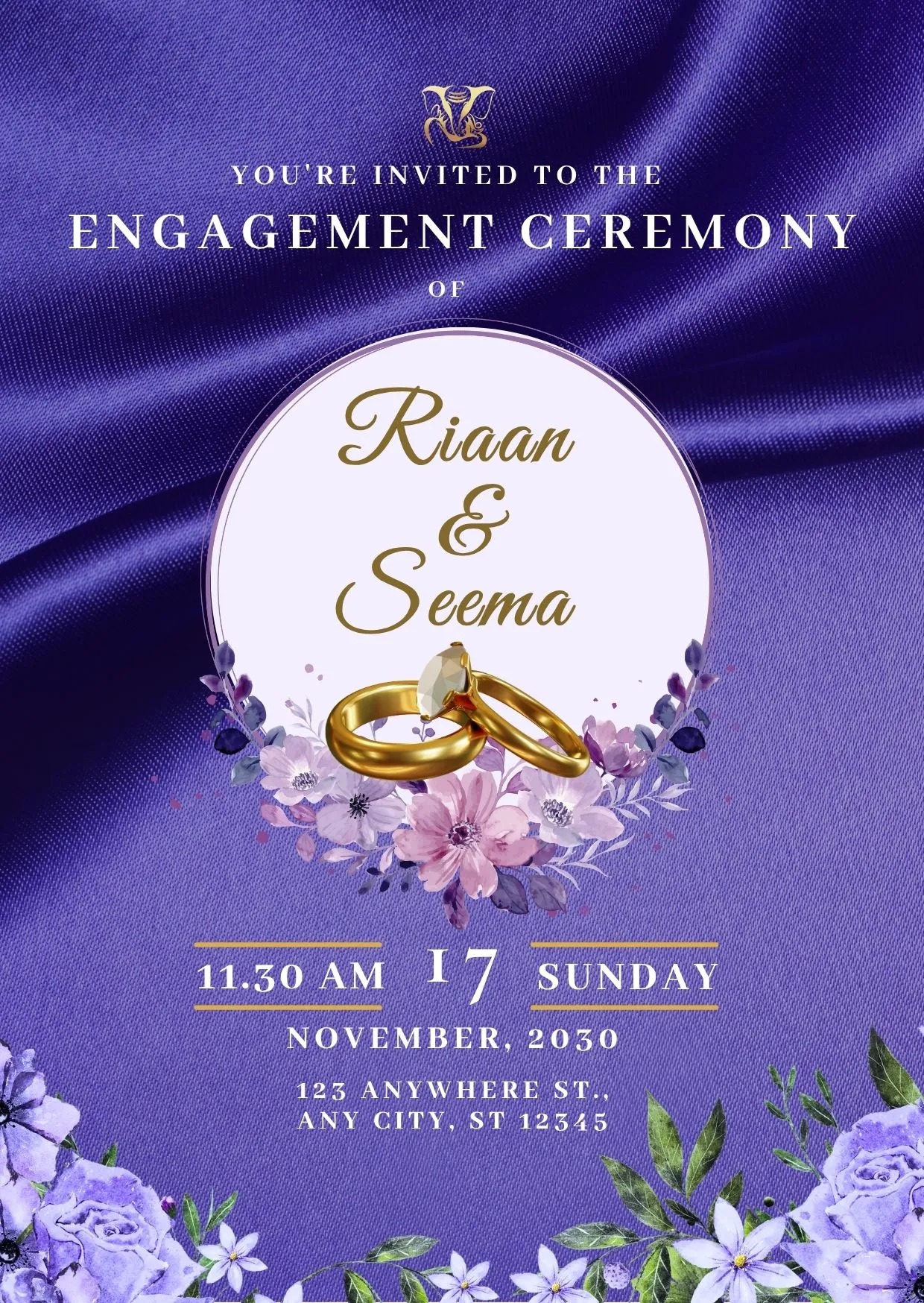 Engagement Ceremony Invitation | Royal Purple Silk Gold Rings Floral Watercolor Elegant Theme | DBI-04