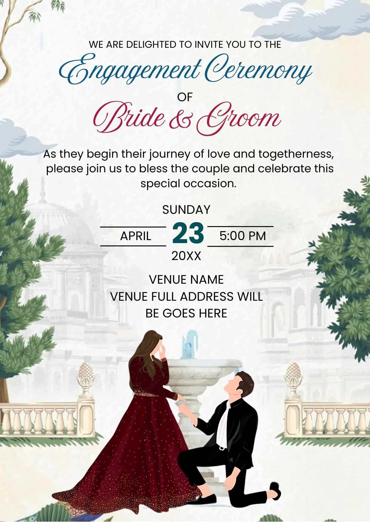 Engagement Ceremony Invitation | Romantic Proposal Palace Garden Mughal Illustrated Couple Theme | DBI-05