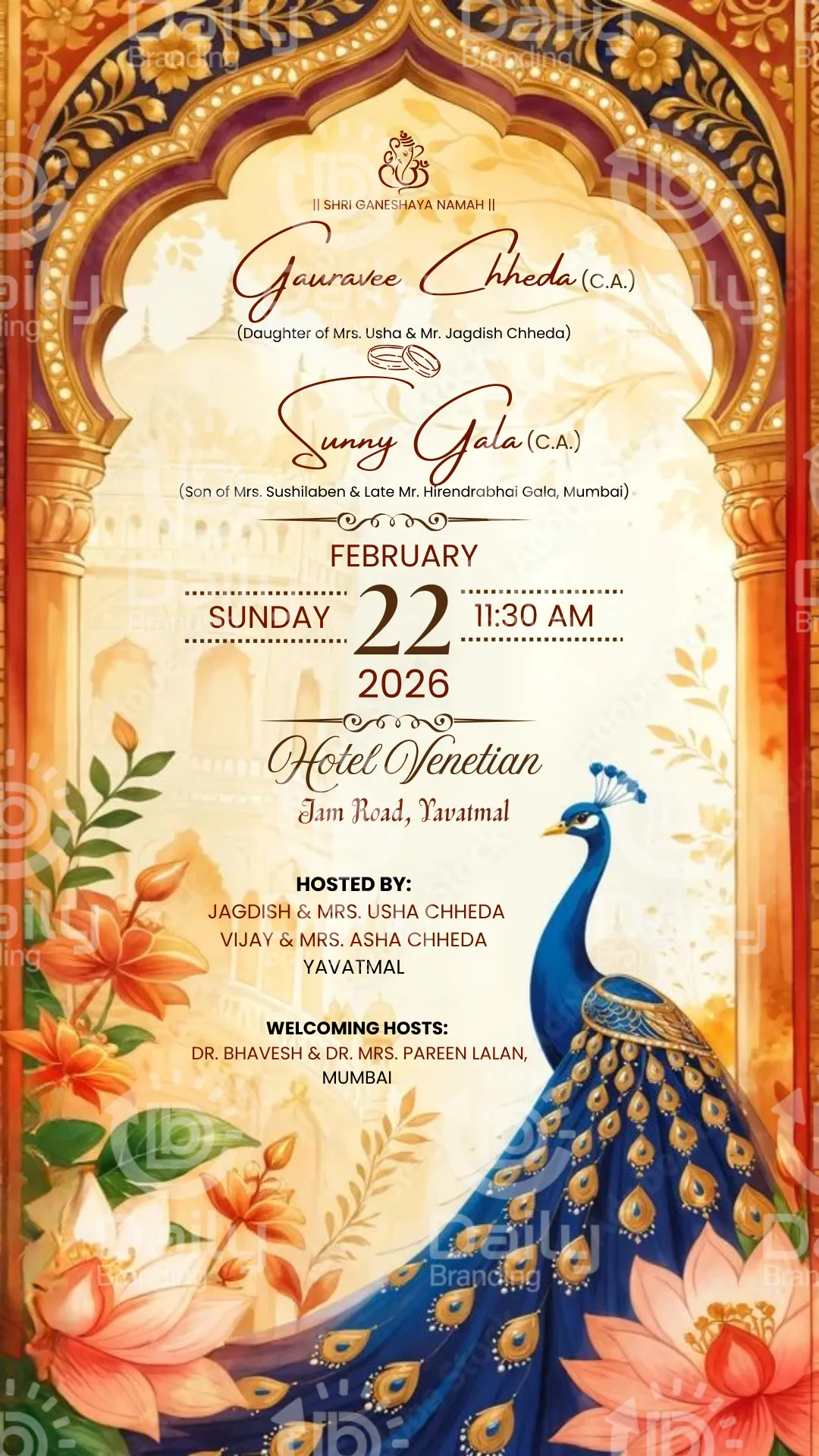Indian Engagement Invitation | Rajasthani Mughal Arch Royal Peacock Lotus Ganesha Traditional Gold Theme | DBI-06