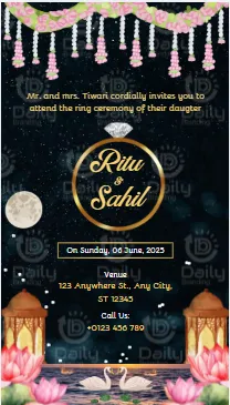 Indian Ring Ceremony Invitation | Dark Floral Night Sky Ganesh Diamond Ring Peacock Couple Theme | DBI-05