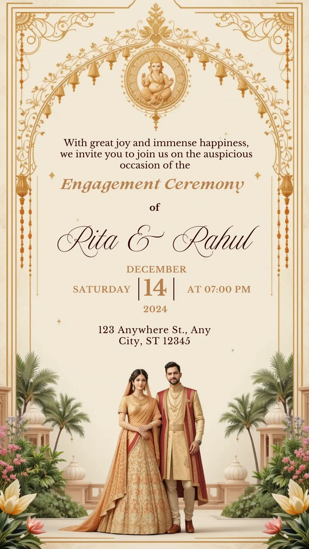 Indian Engagement Ceremony Invitation | Royal Ganesh Vintage Gold Hindu Couple Theme | DBI-01